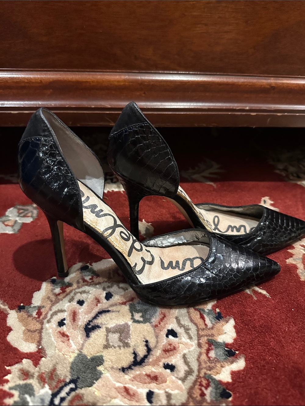 Black Sam Edelman Faux-Croc D'Orsay Pointed Stiletto Heels 8 FAIR CONDITION
